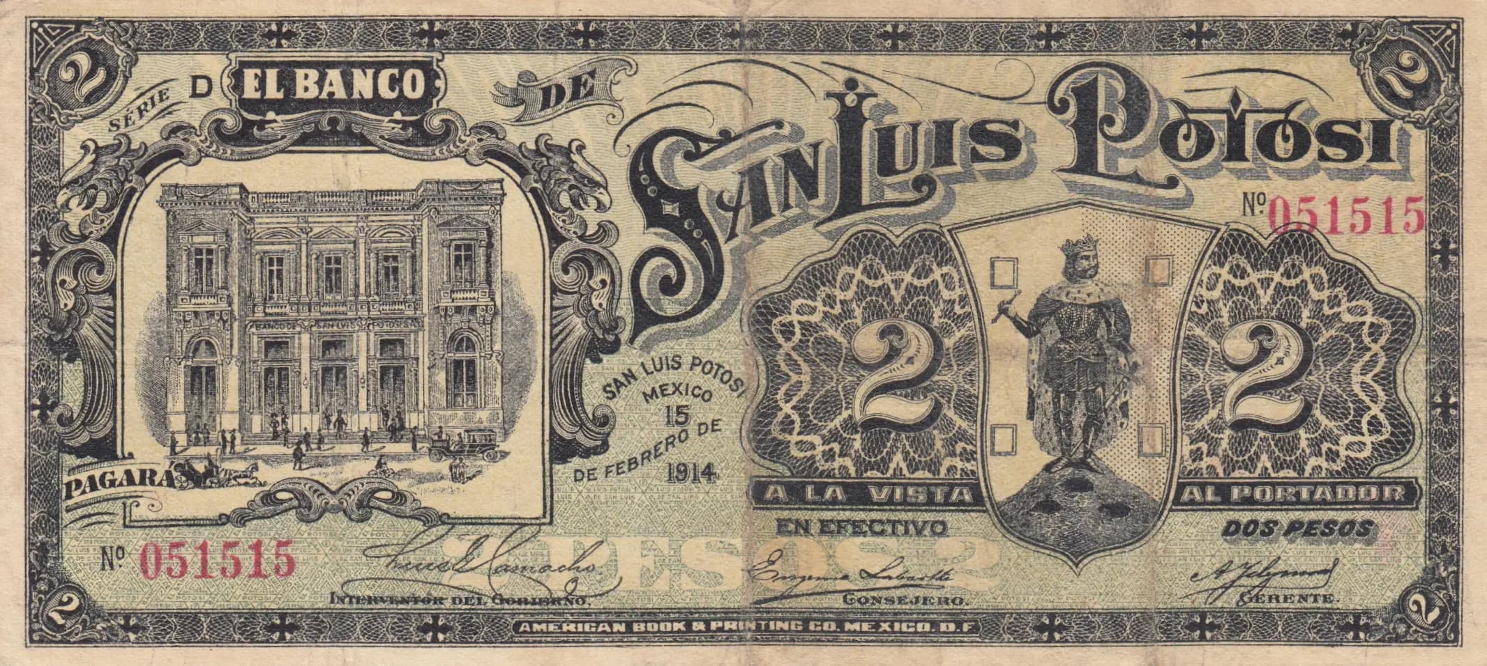 2 pesos 1914 from Mexico, P-S407 (1914) — image 1