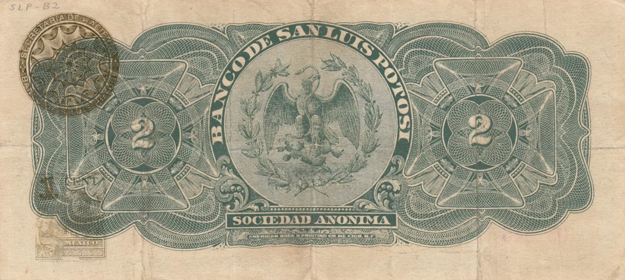 2 pesos 1914 from Mexico, P-S407 (1914) — image 2