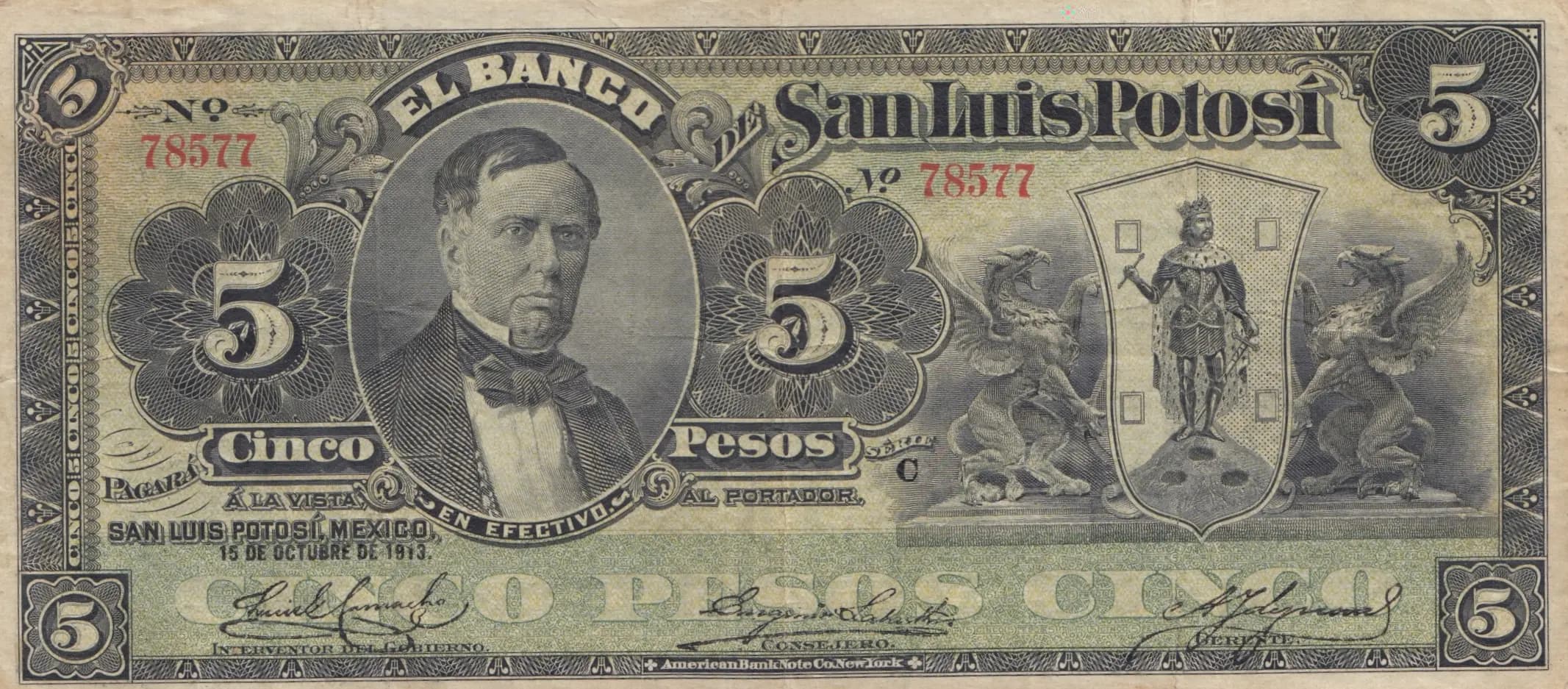 5 pesos 1913 from Mexico, P-S399c