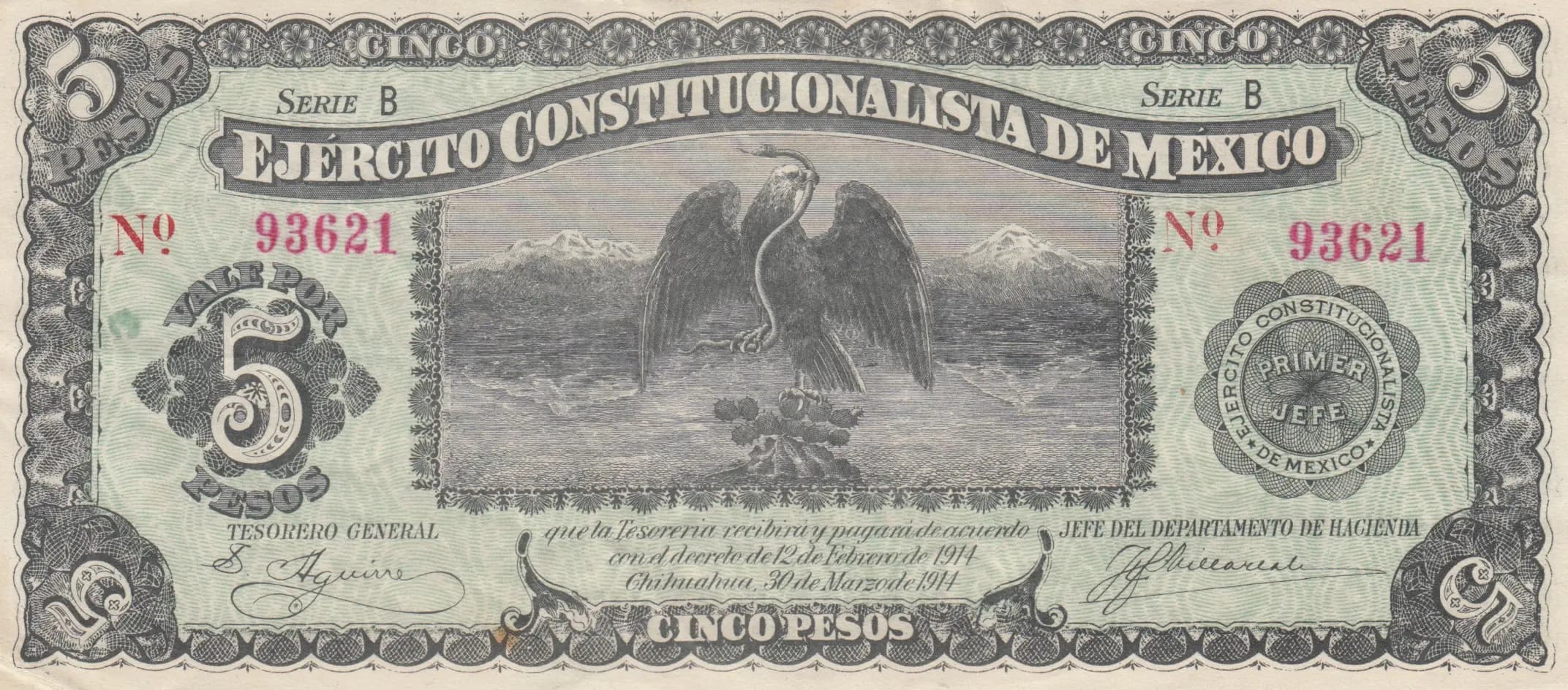 5 pesos 1914 from Mexico, P-S524 (1914) — image 1