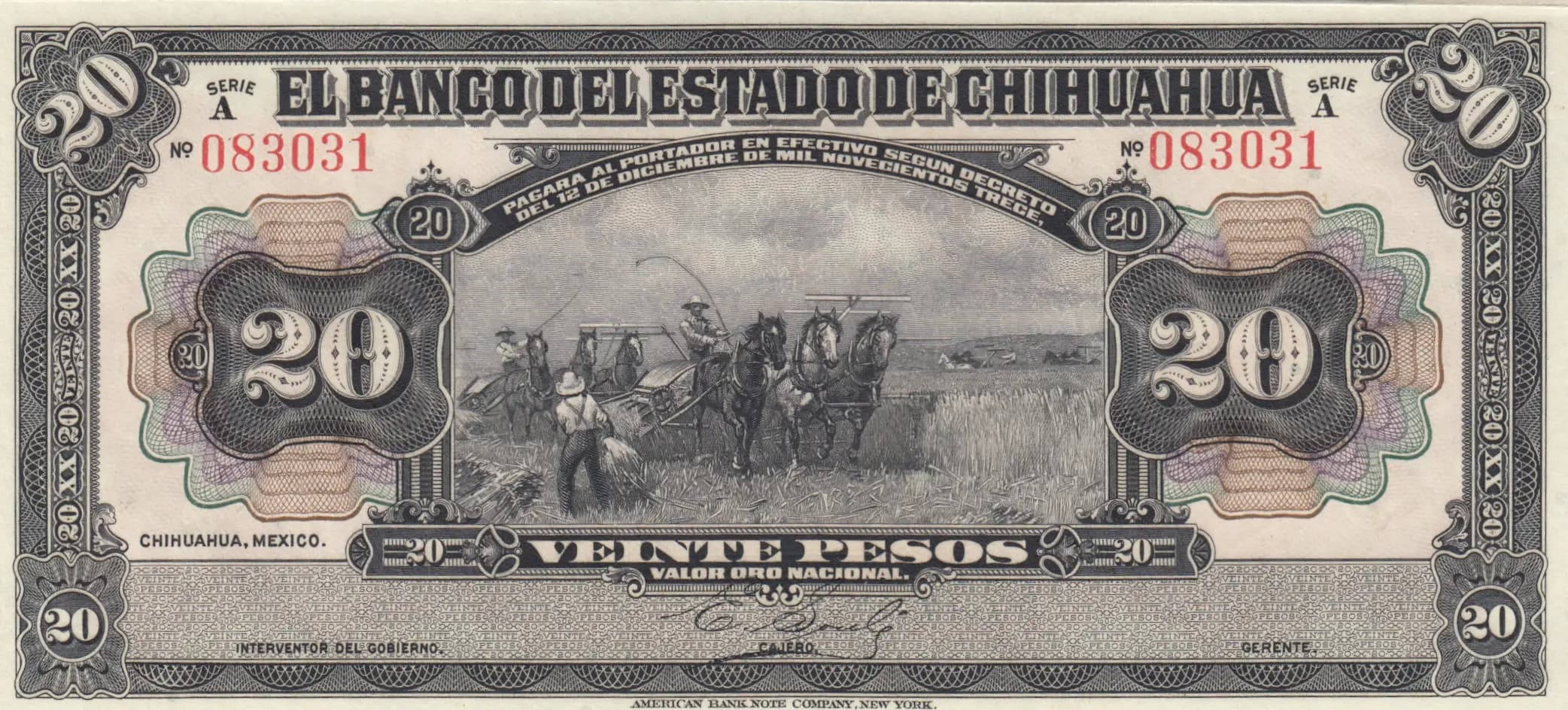 20 pesos 1913 from Mexico, P-S134 (1913) — image 1