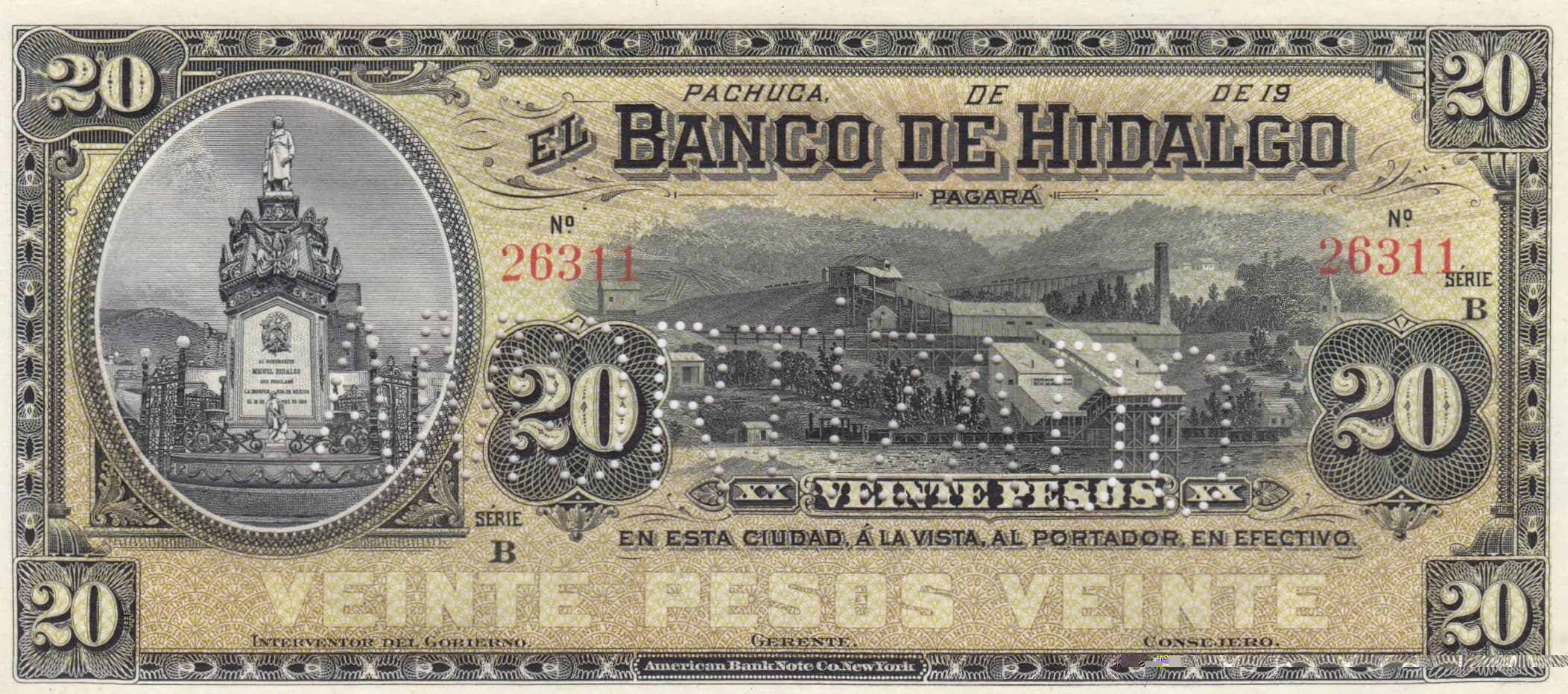 20 pesos 1902-14 from Mexico, P-S307r2 (1902) — image 1