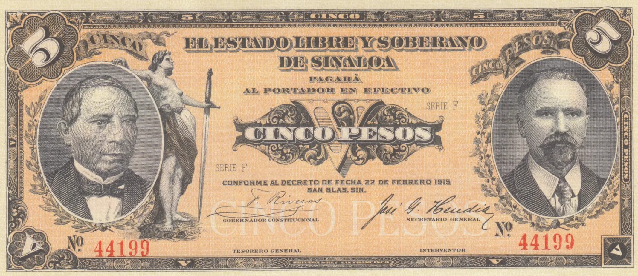 5 pesos 1915 from Mexico, P-S1044a