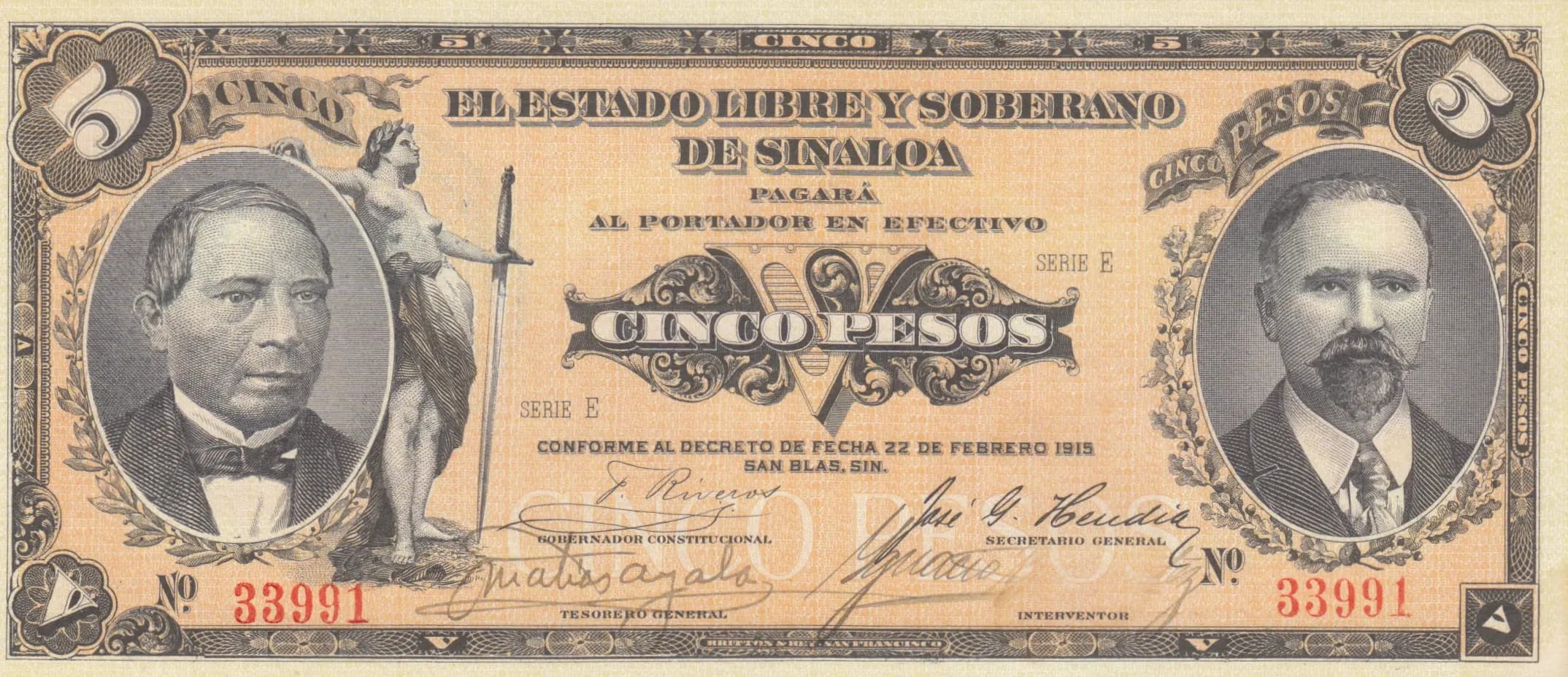 5 pesos 1915 from Mexico, P-S1044b