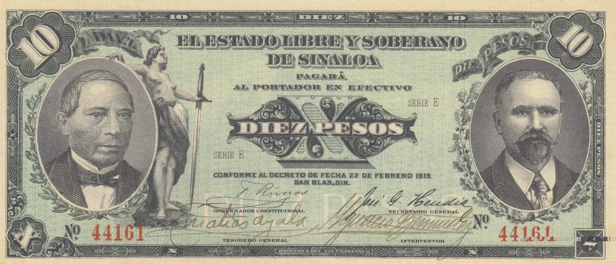 10 pesos 1915 from Mexico, P-S1045b (1915) — image 1