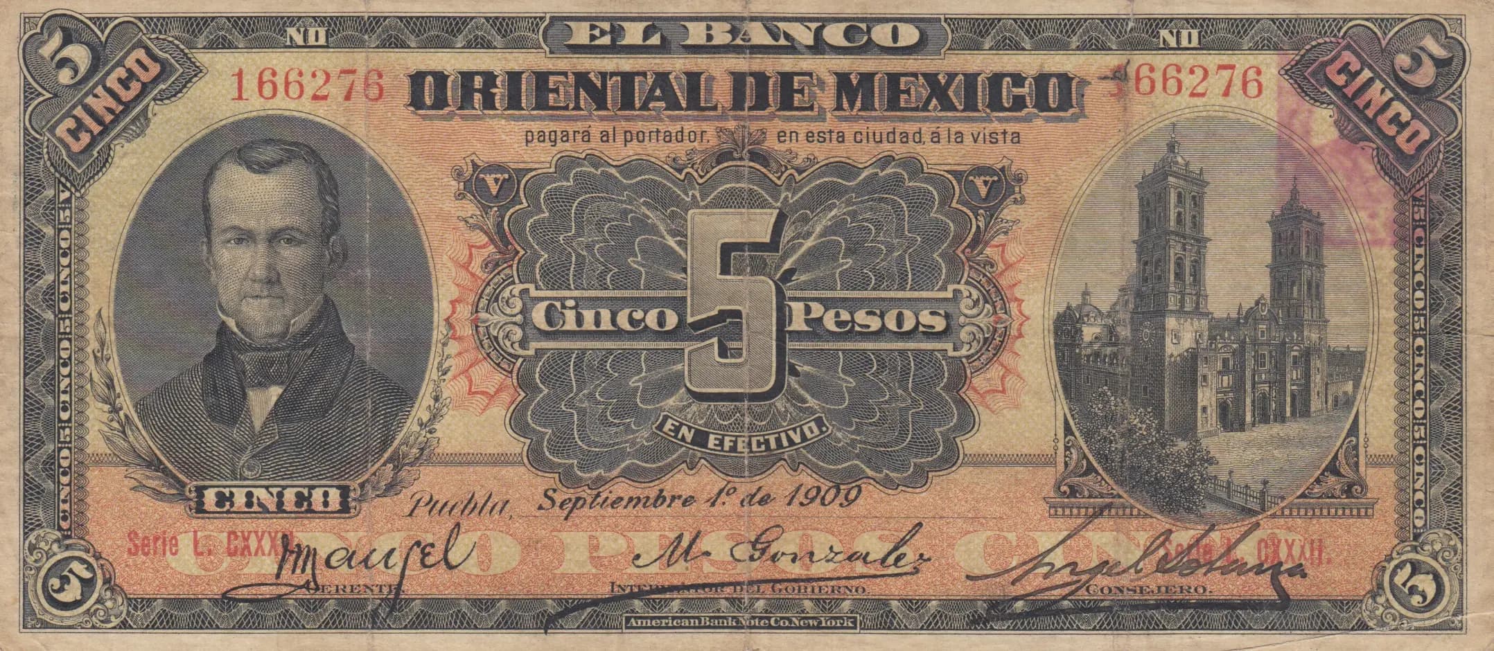 5 pesos 1909 from Mexico, P-S381b (1909) — image 1