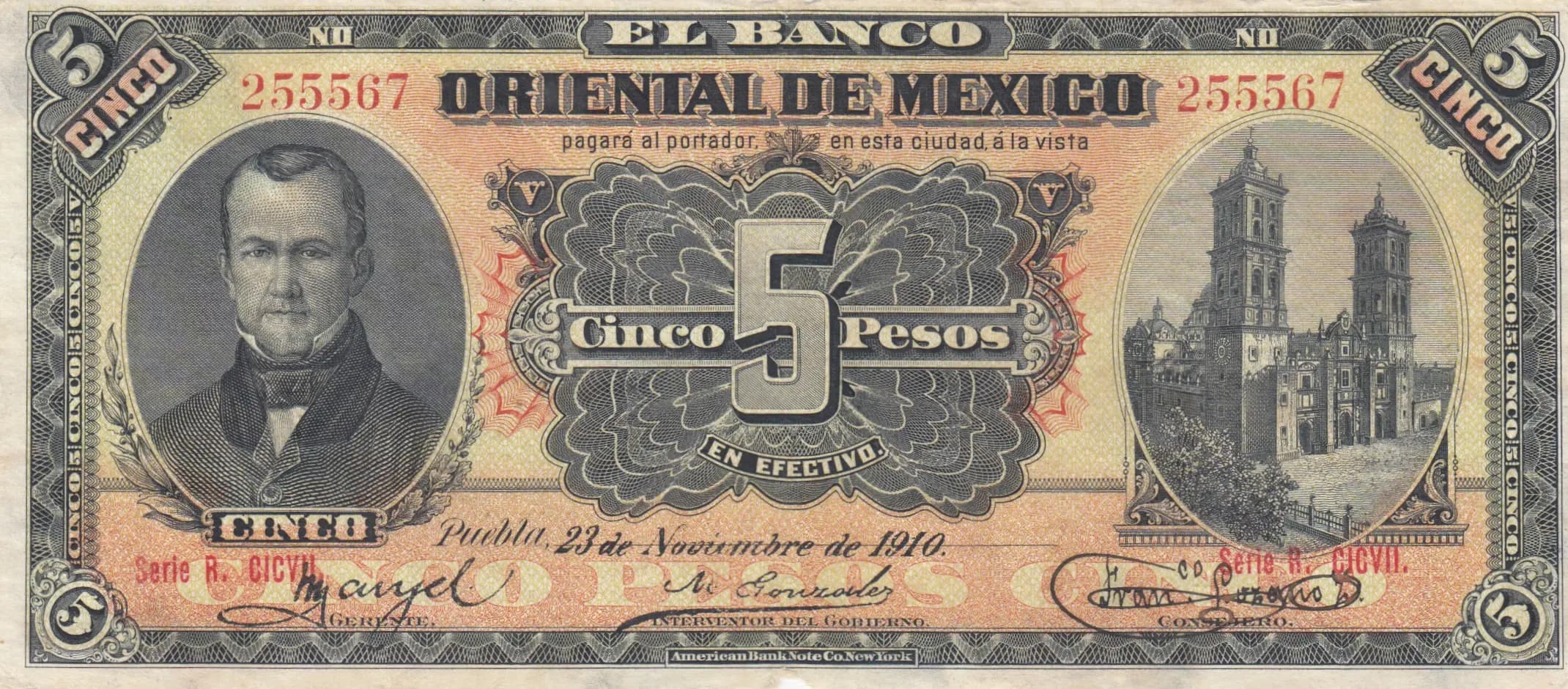 5 pesos 1910 from Mexico, P-S381c