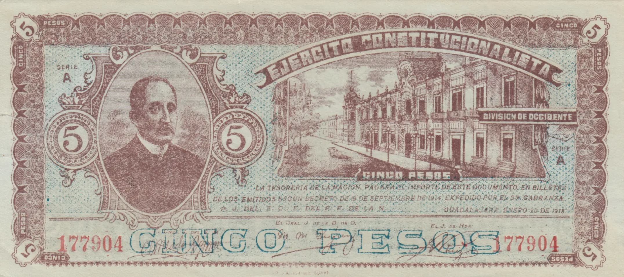 5 pesos 1914 from Mexico, P-S865a (1914) — image 1