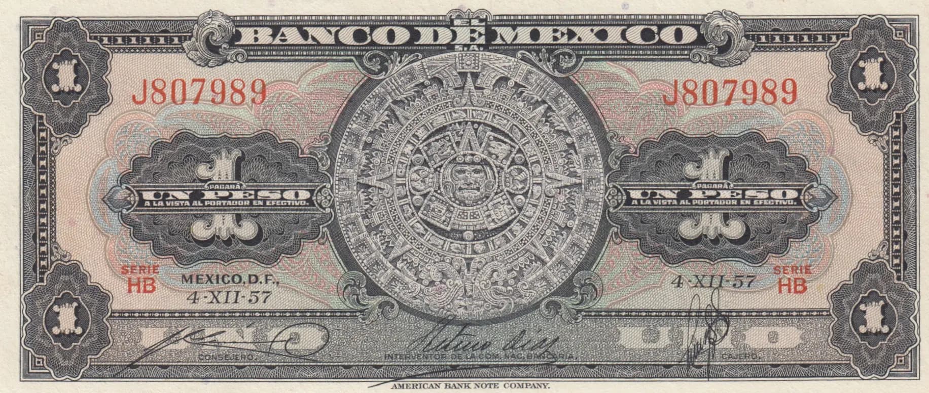 1 peso 1957 from Mexico, P-59c