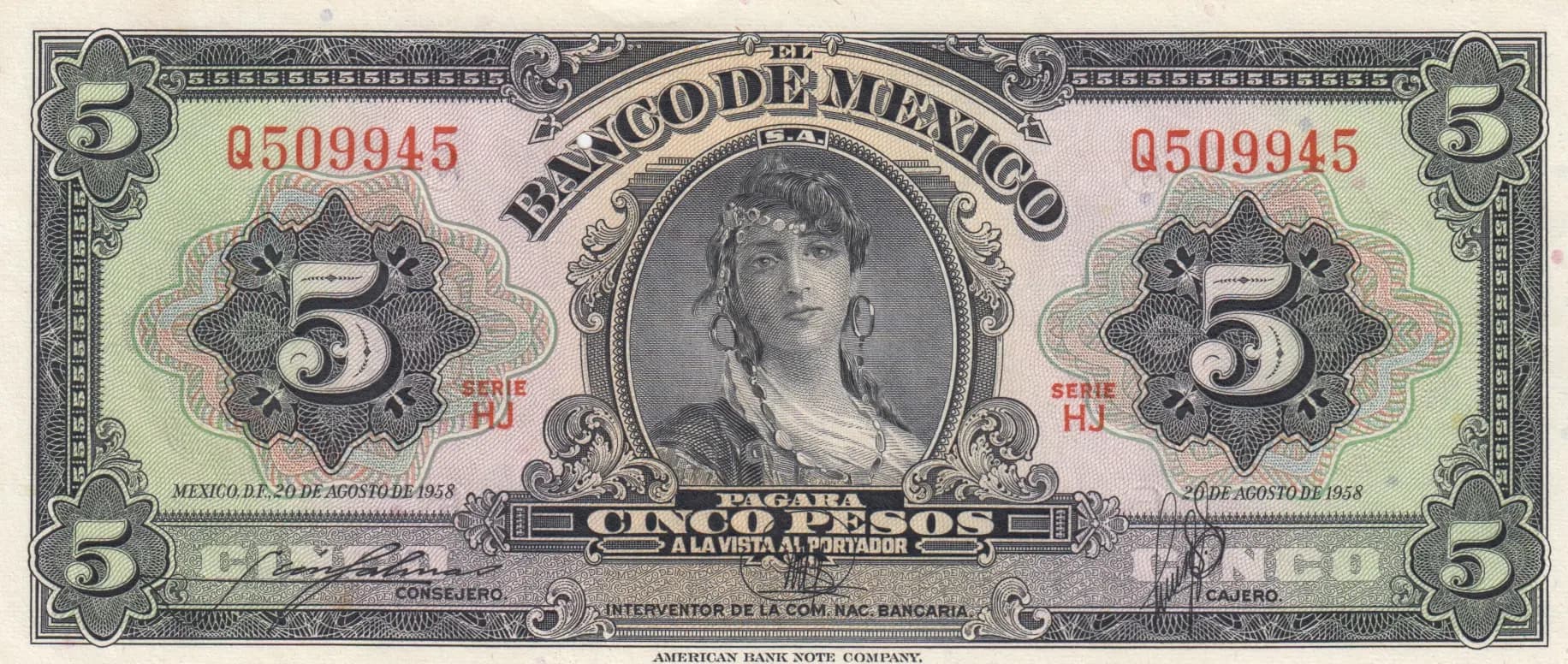 5 pesos 1958 from Mexico, P-60c