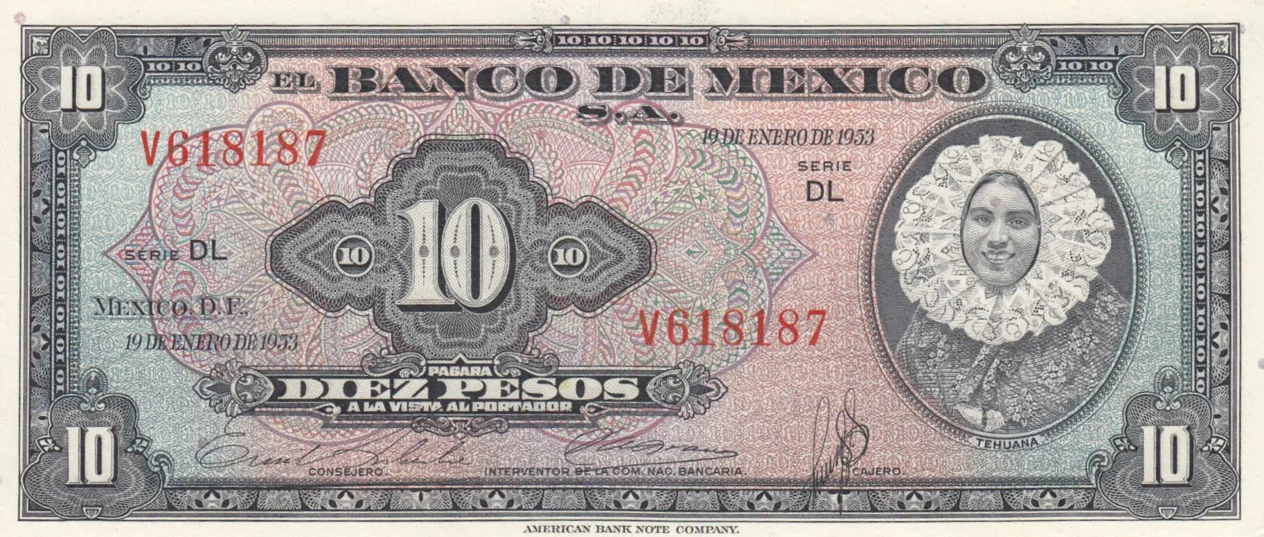 10 pesos 1953 from Mexico, P-53b
