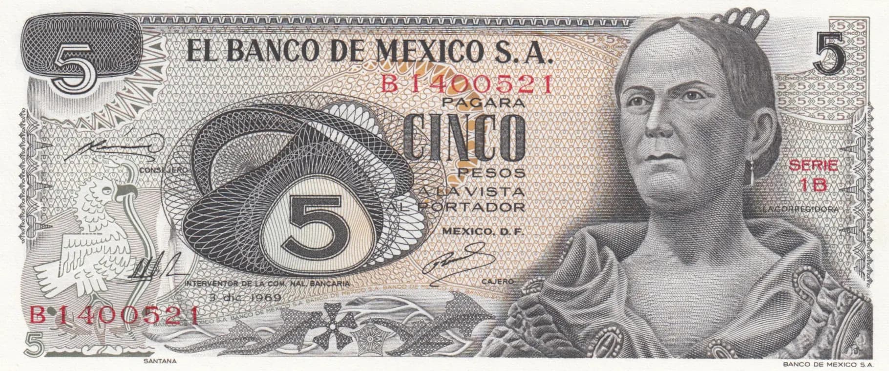 5 pesos 1969 from Mexico, P-62a (1969) — image 1