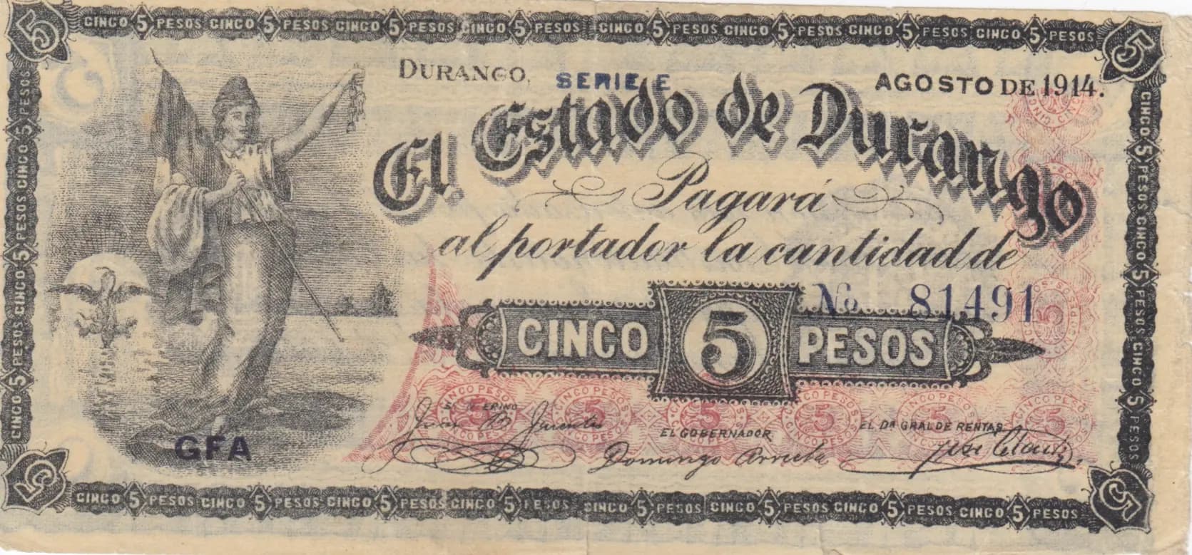 5 pesos 1914 from Mexico, P-S736e (1914) — image 1