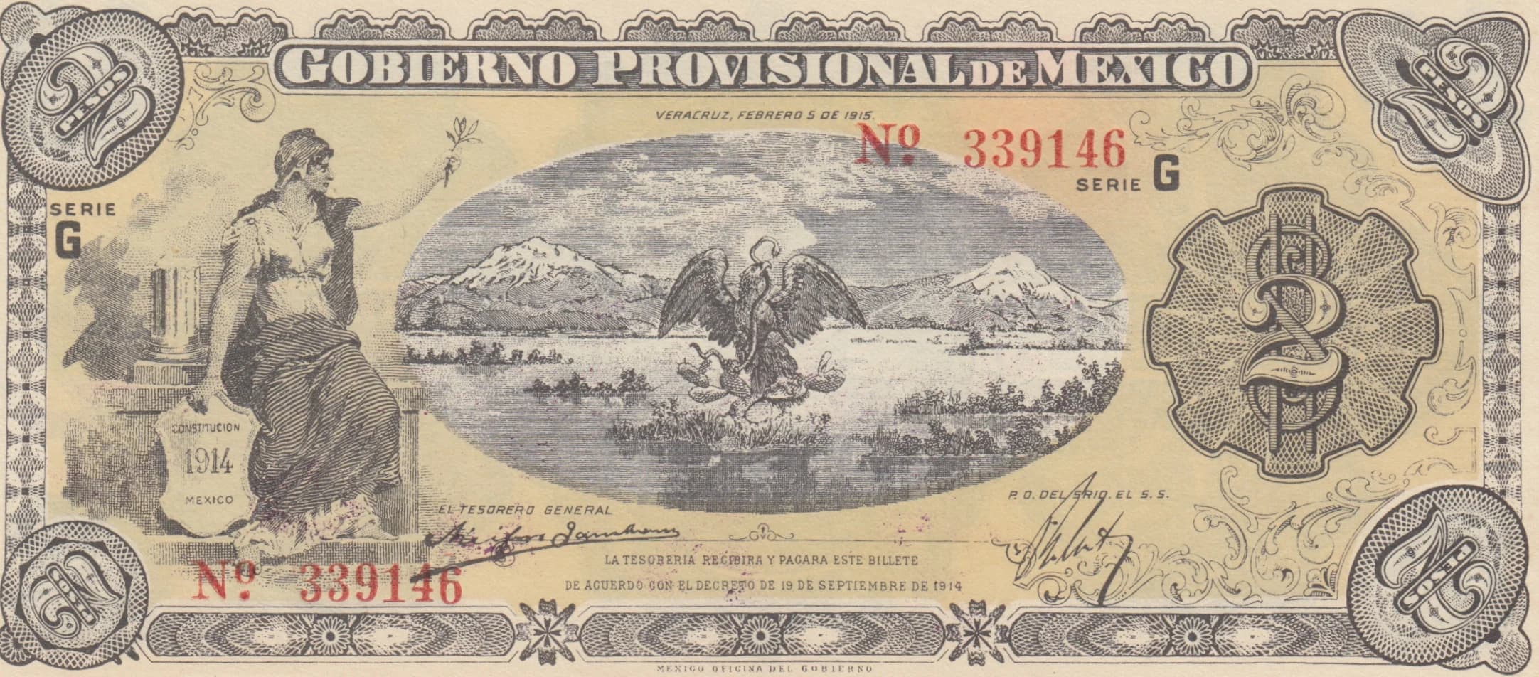 2 pesos 1914 from Mexico, P-S1103 (1914) — image 1