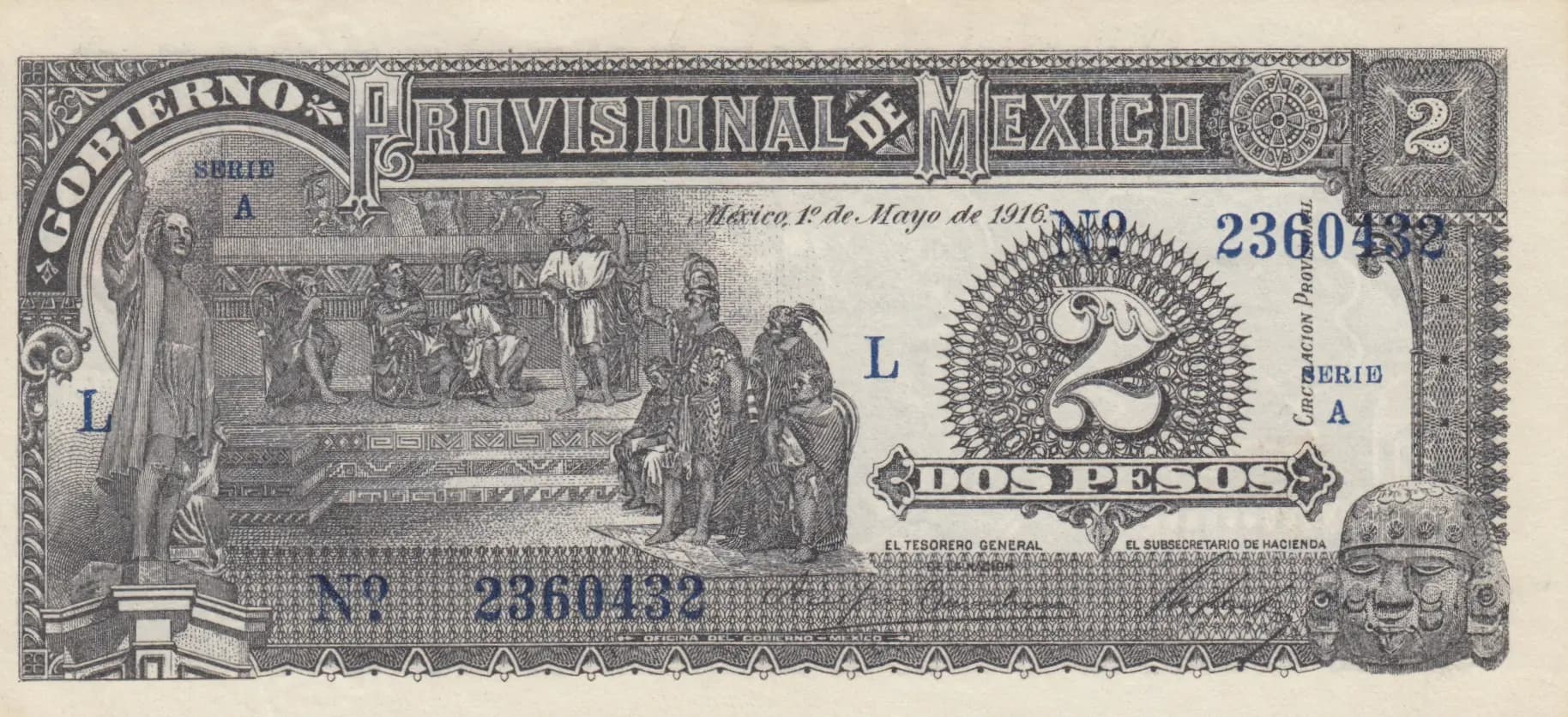 2 pesos 1916 from Mexico, P-S711a (1916) — image 1
