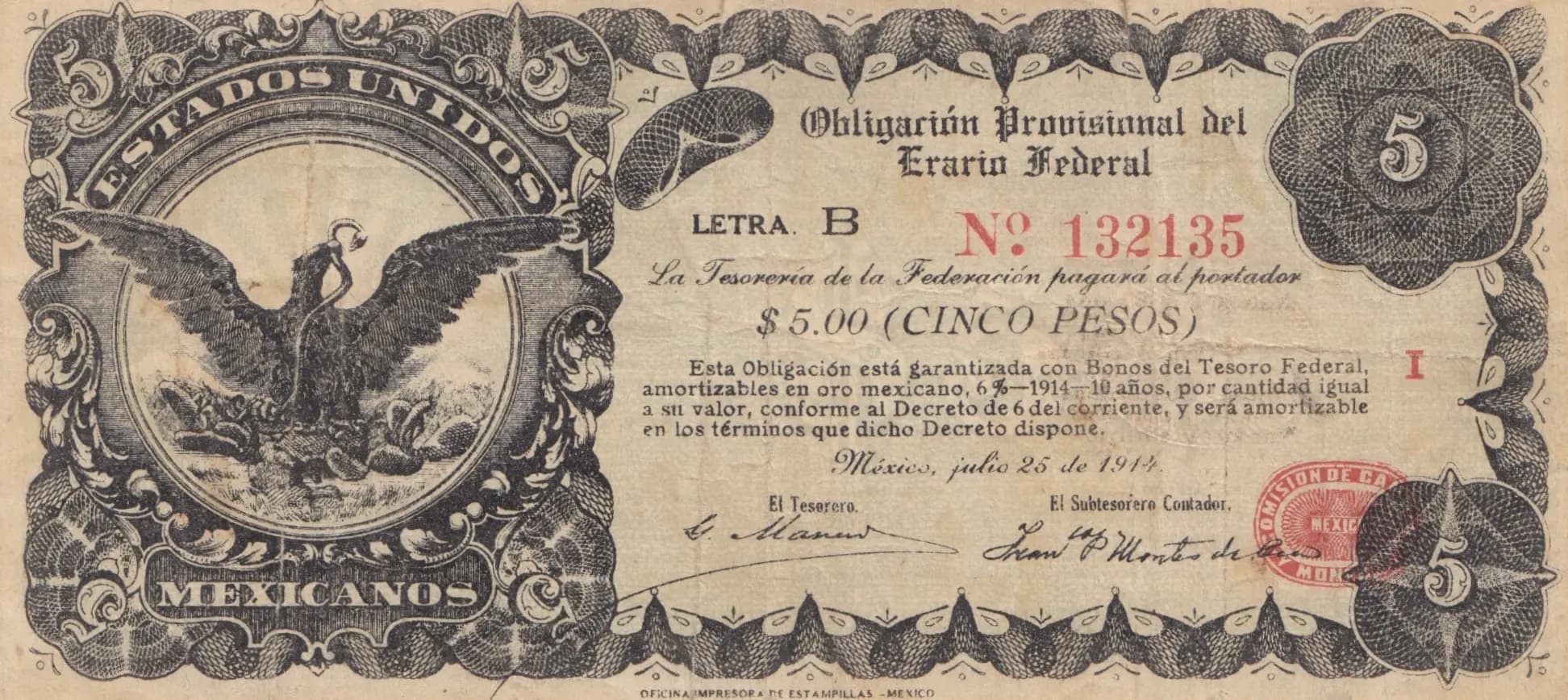 5 pesos 1914 from Mexico, P-S714 (1914) — image 1