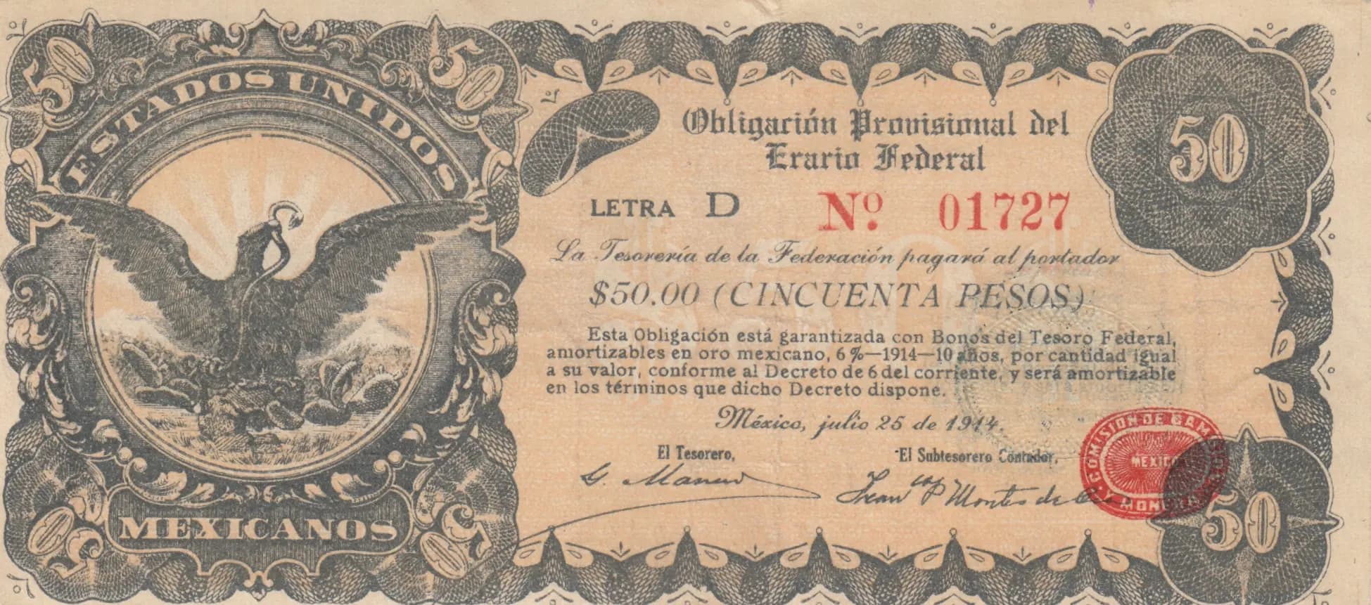 50 pesos 1914 from Mexico, P-S716 (1914) — image 1