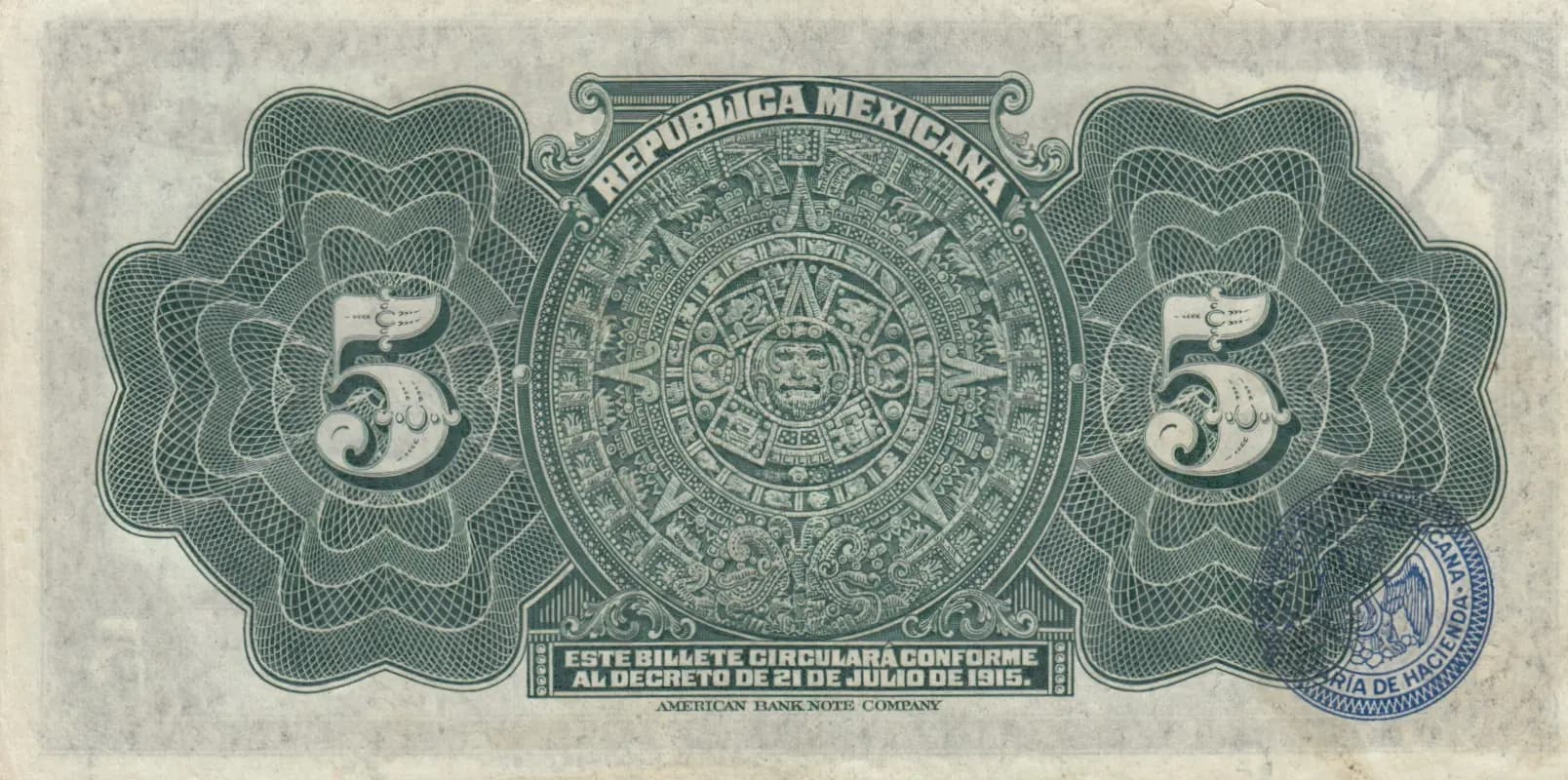 5 pesos 1915 from Mexico, P-S685 (1915) — image 2