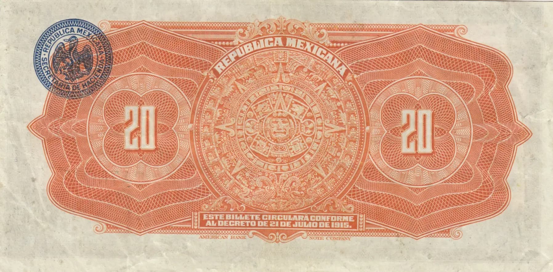 20 pesos 1915 from Mexico, P-S687 (1915) — image 2
