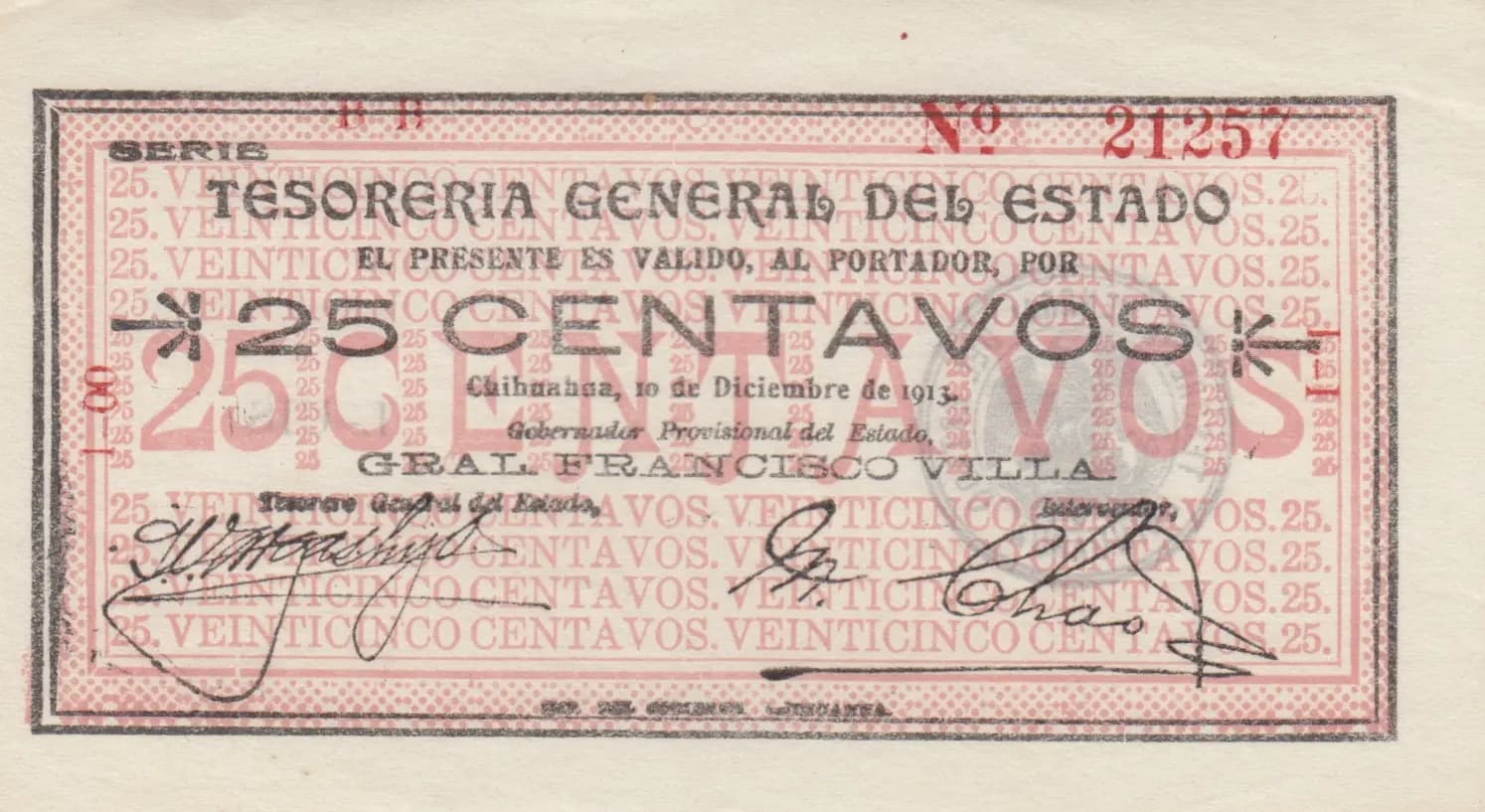 25 centavos 1913 from Mexico, P-S551e