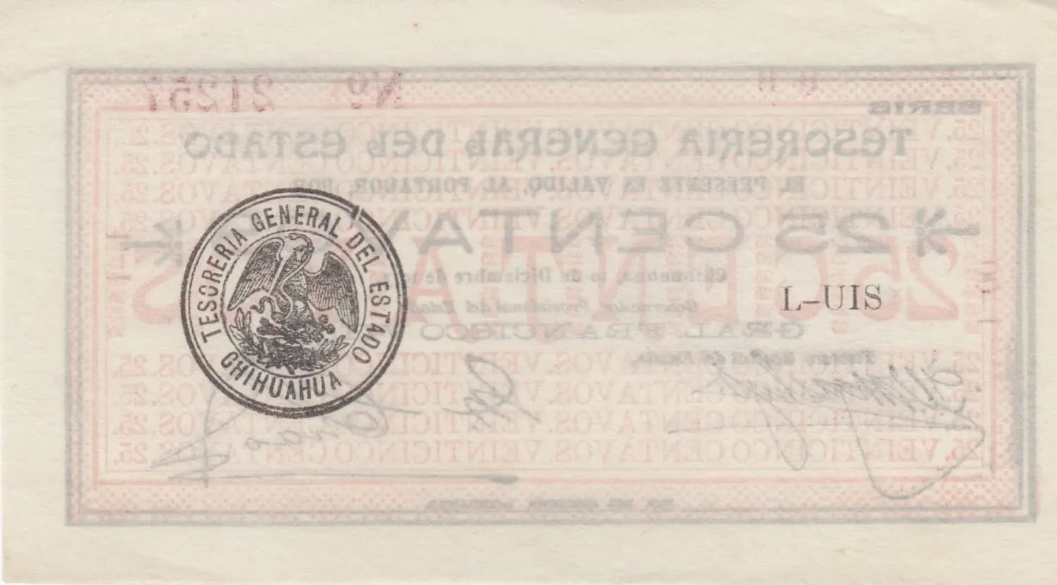 25 centavos 1913 from Mexico, P-S551e (1913) — image 2