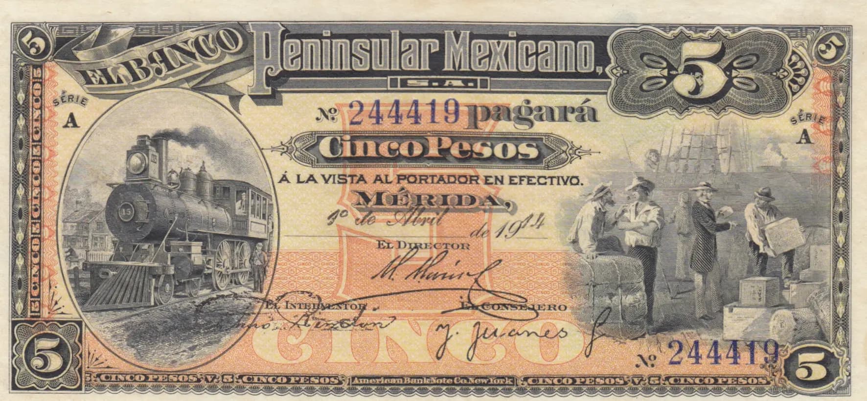5 pesos 1914 from Mexico, P-S465