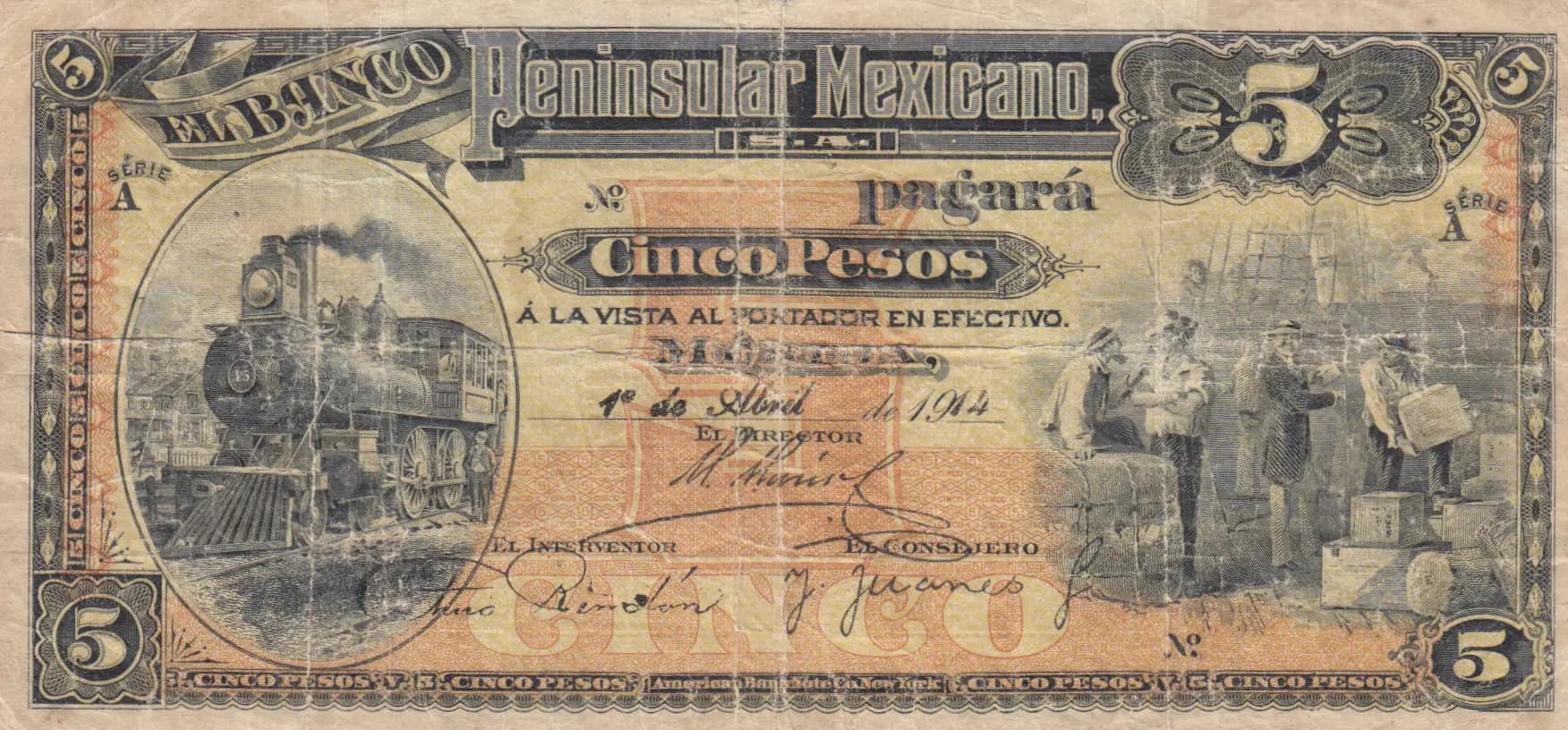 5 pesos 1914 from Mexico, P-S465r (1914) — image 1