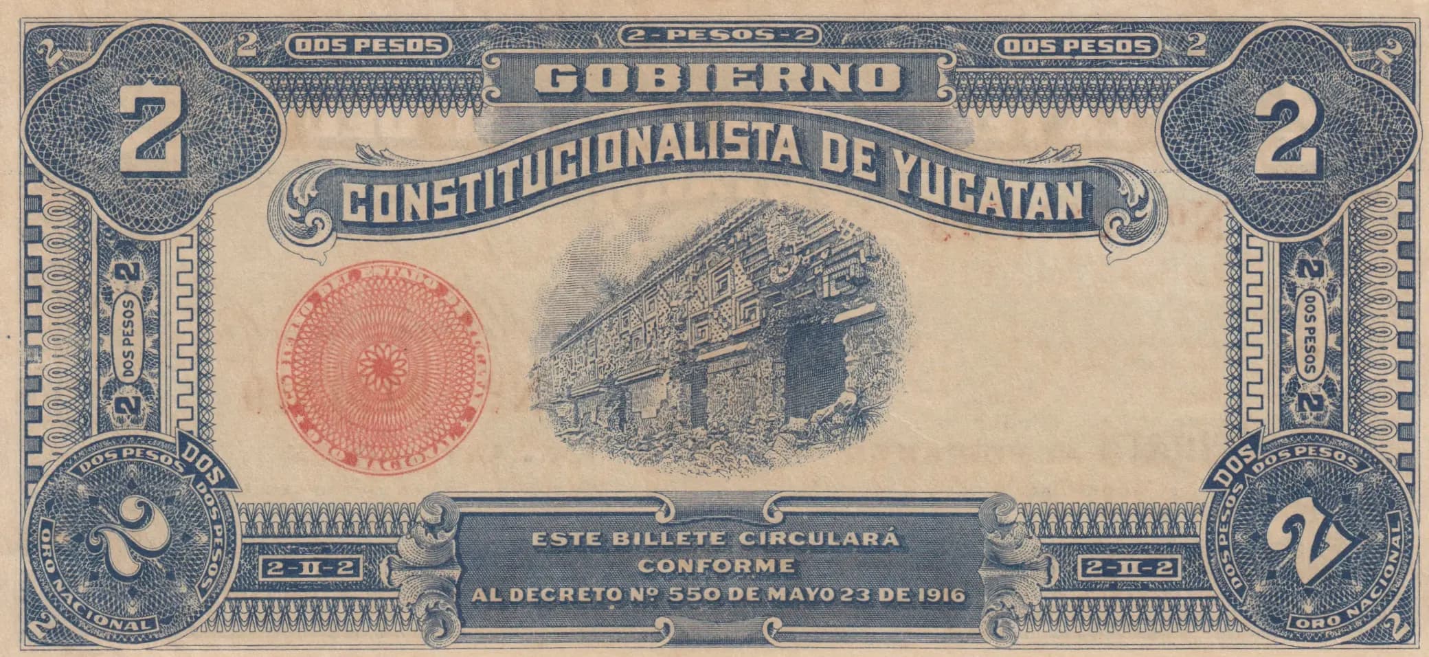 2 pesos 1916 from Mexico, P-S1136 (1916) — image 2