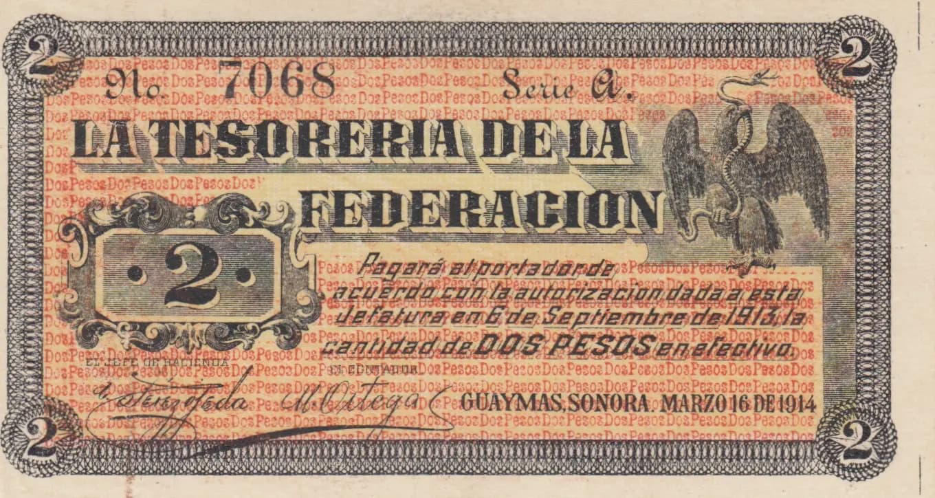 2 pesos 1914 from Mexico, P-S1061 (1914) — image 1