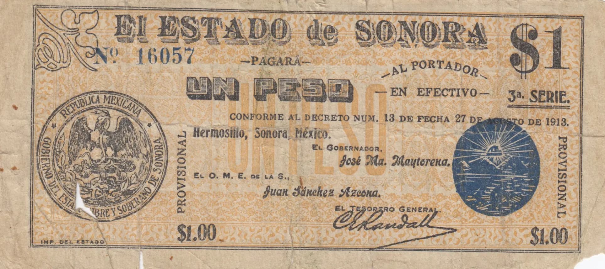 1 peso 1913 from Mexico, P-S1066
