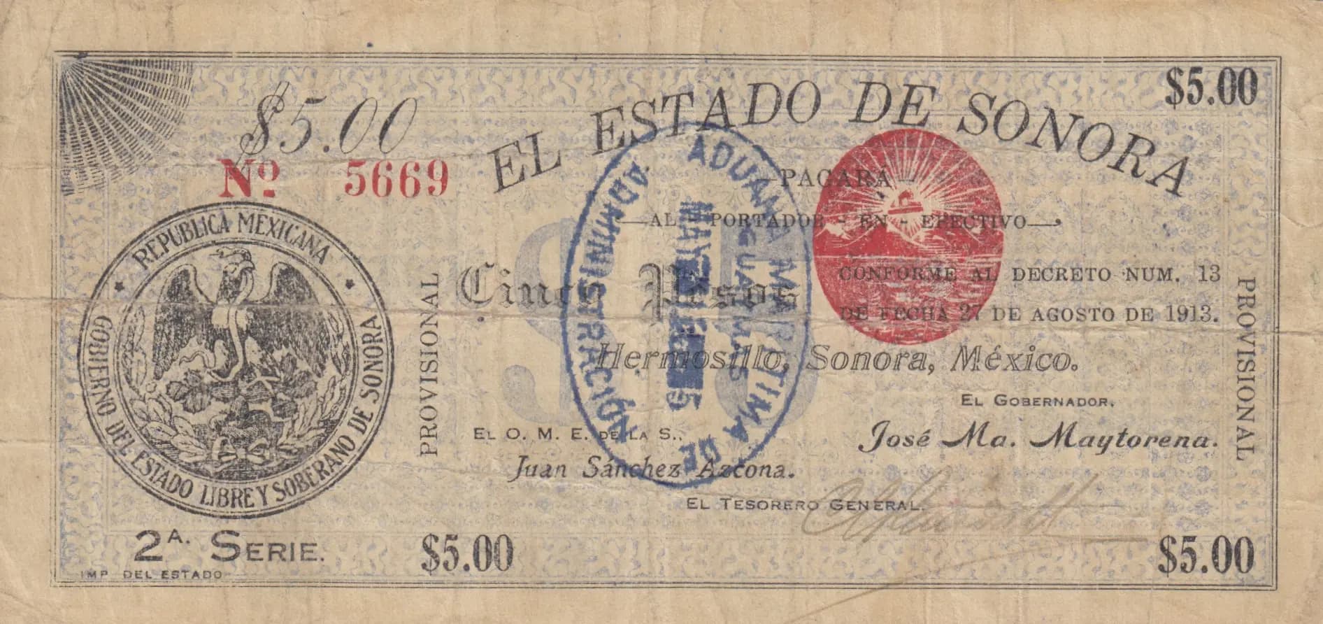 5 pesos 1913 from Mexico, P-S1067b