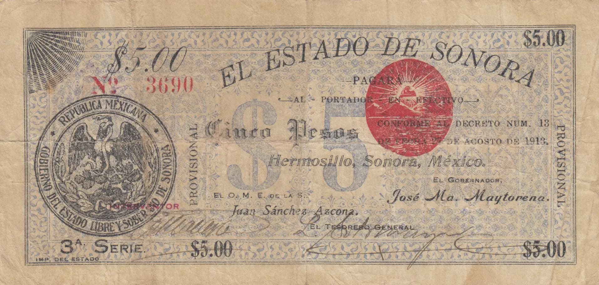 5 pesos 1913 from Mexico, P-S1067c