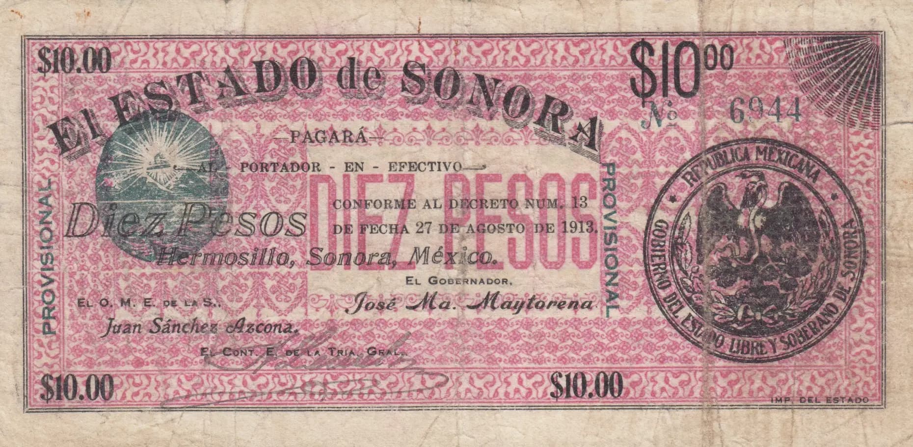 10 pesos 1913 from Mexico, P-S1068a