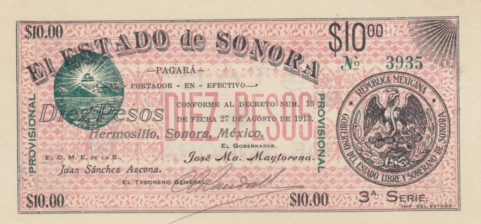 10 pesos 1913 from Mexico, P-S1068c