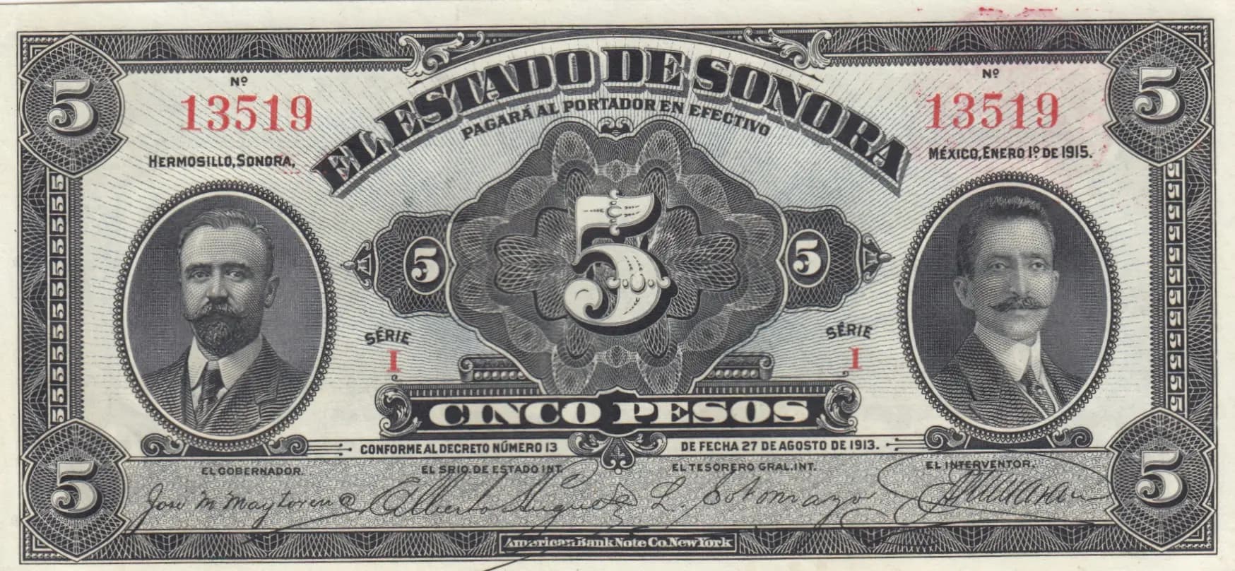 5 pesos 1915 from Mexico, P-S1072 (1915) — image 1