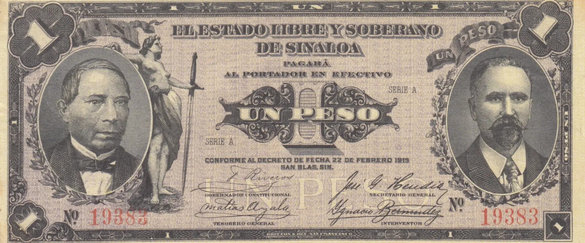 1 peso 1915 from Mexico, P-S1043a