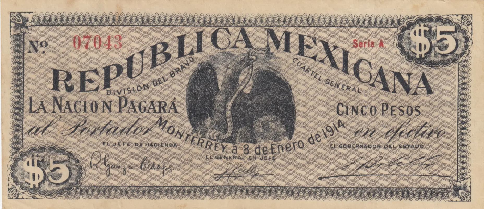 5 pesos 1914 from Mexico, P-S939 (1914) — image 1