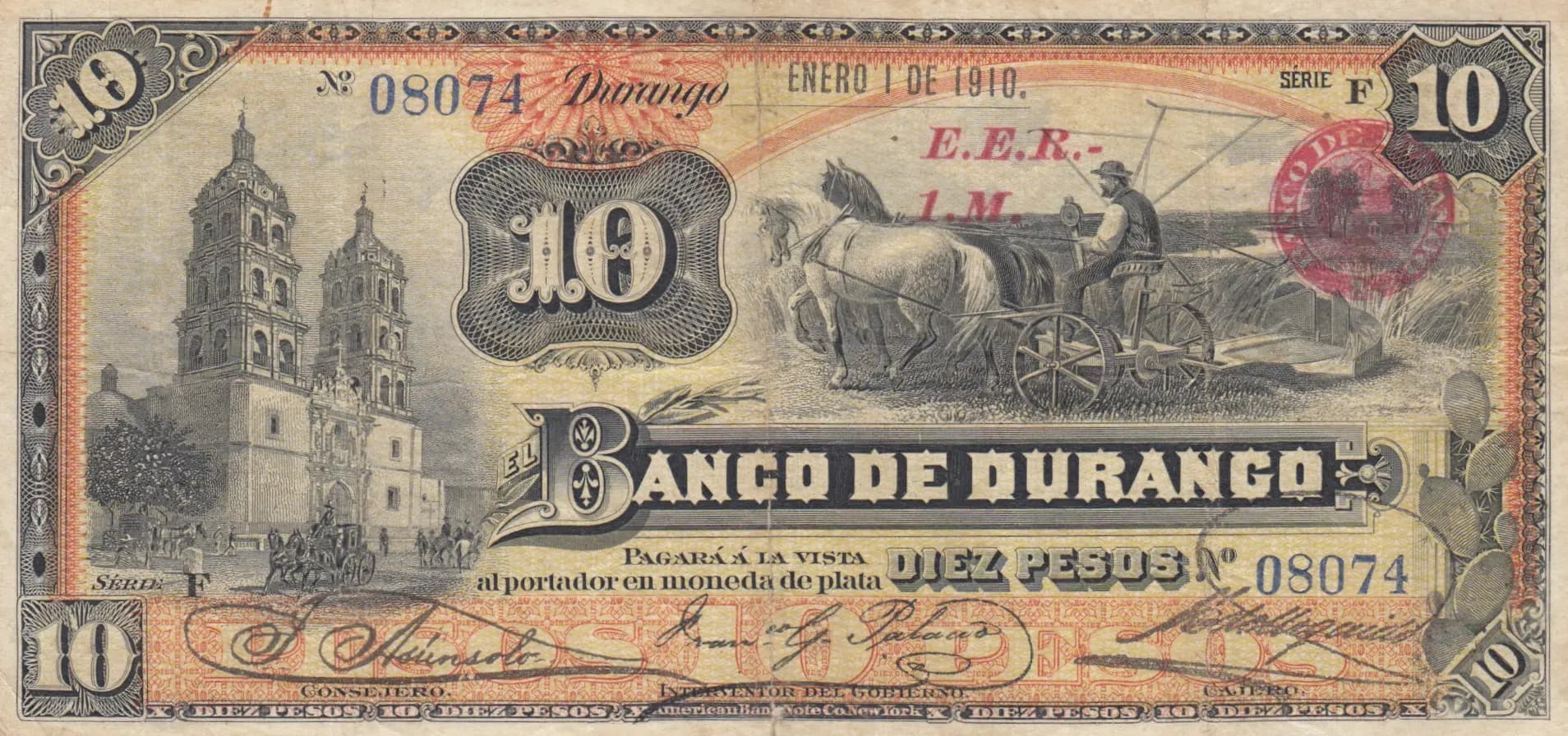 10 pesos 1910 from Mexico, P-S274c (1910) — image 1