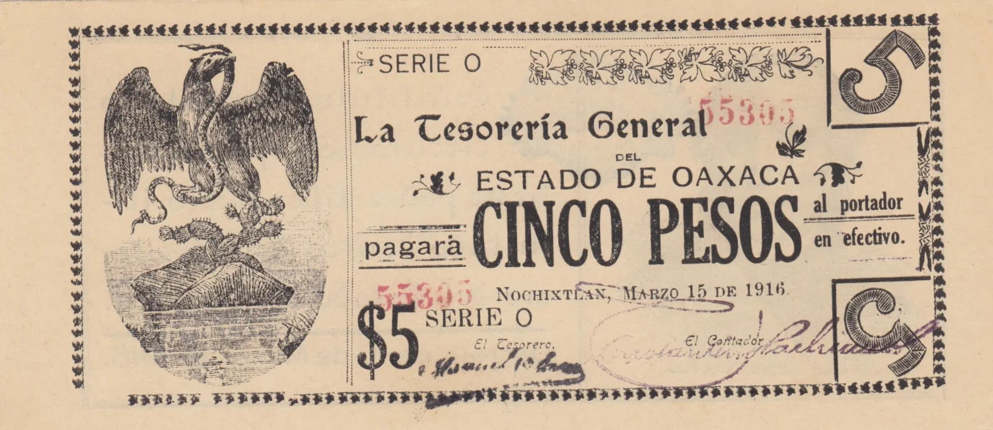 5 pesos 1916 from Mexico, P-S949