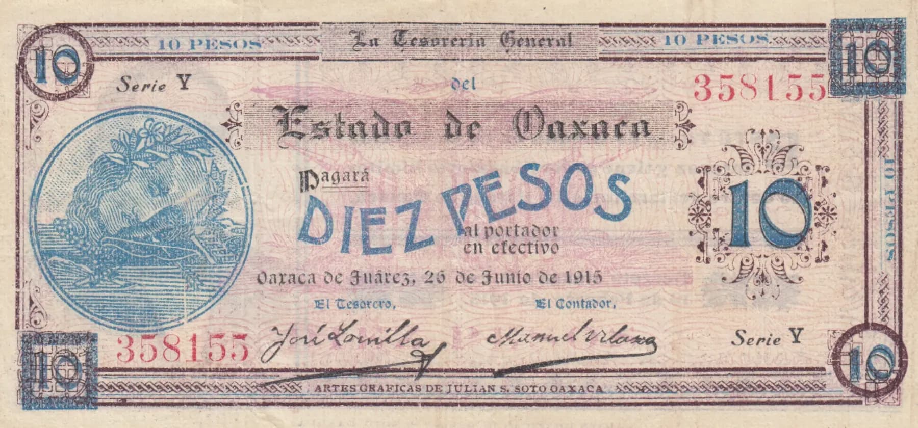 10 pesos 1915 from Mexico, P-S957a1