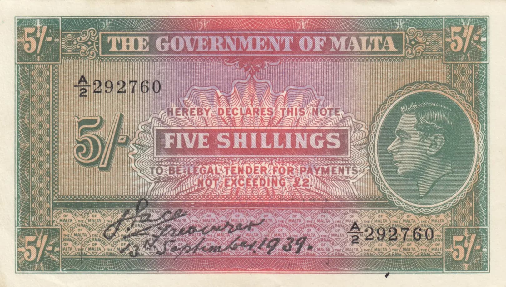 5 shillings 1939 from Malta, P-12