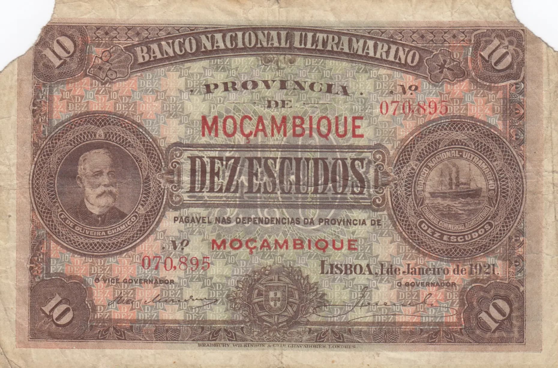 10 escudos 1921 from Mozambique, P-69b (1921) — image 1