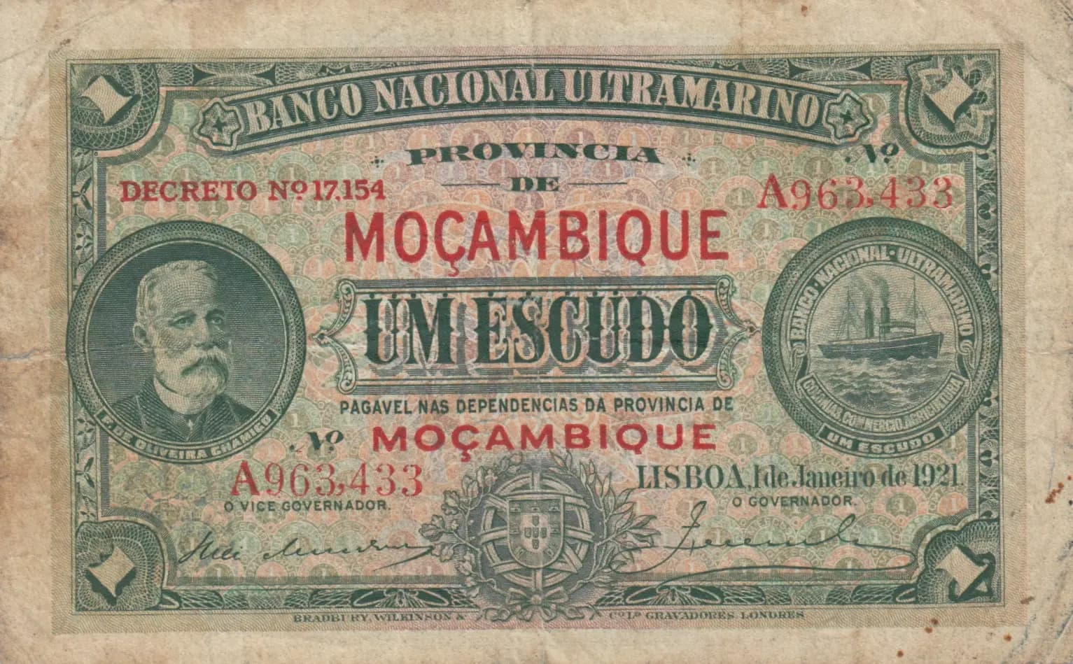 1 escudo 1921 from Mozambique, P-66a (1921) — image 1