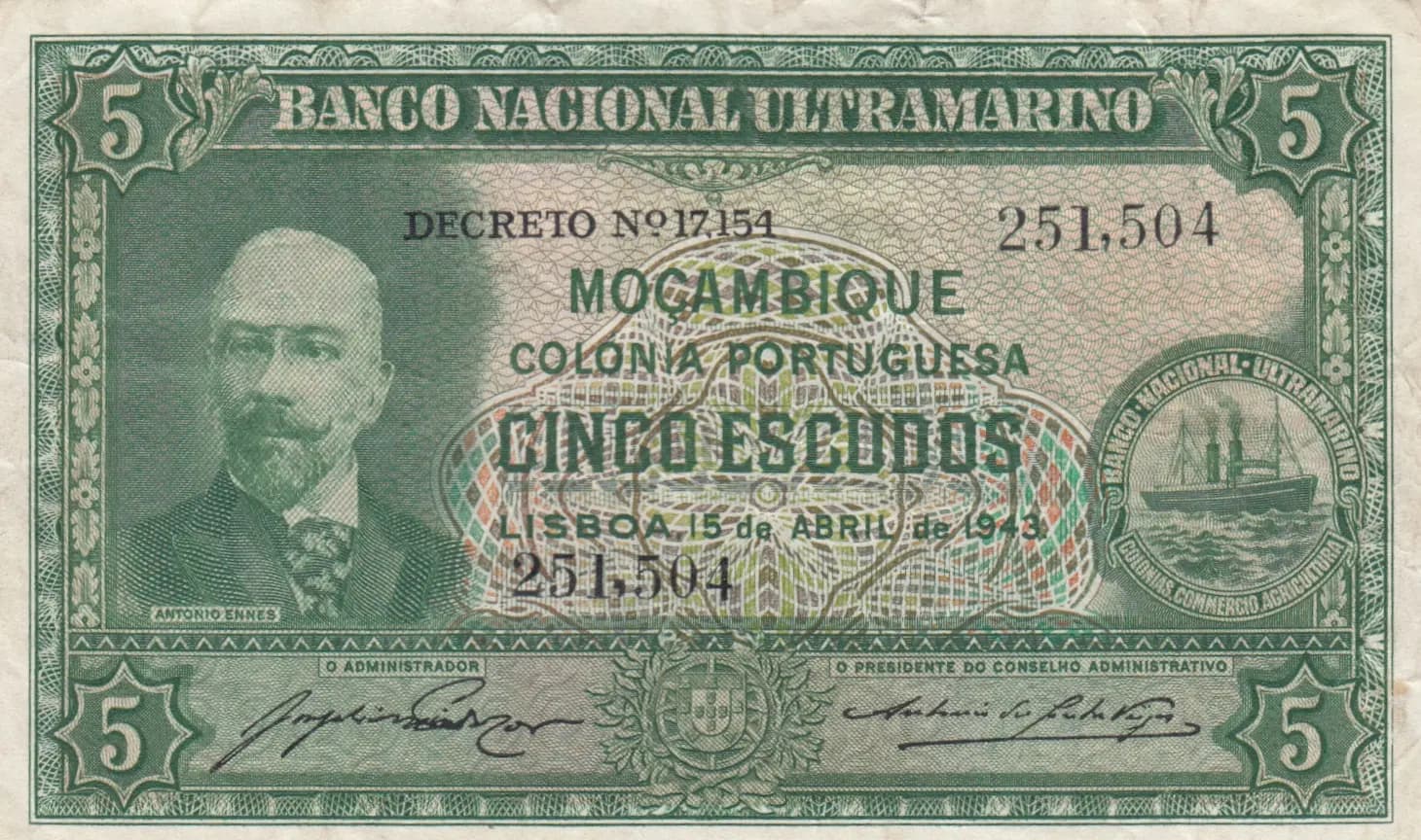5 escudos 1943 from Mozambique, P-89 (1943) — image 1