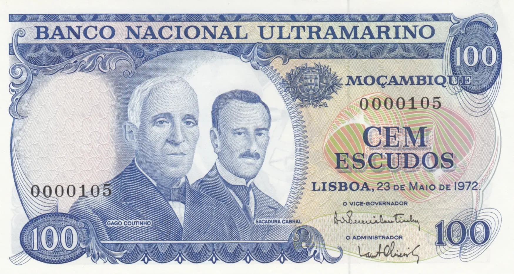 100 escudos 1972 from Mozambique, P-113