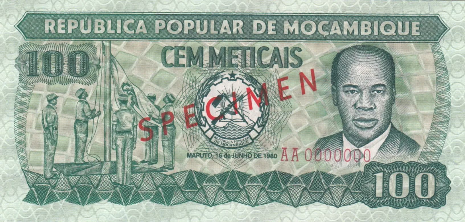 100 meticais 1980 specimen from Mozambique, P-126s