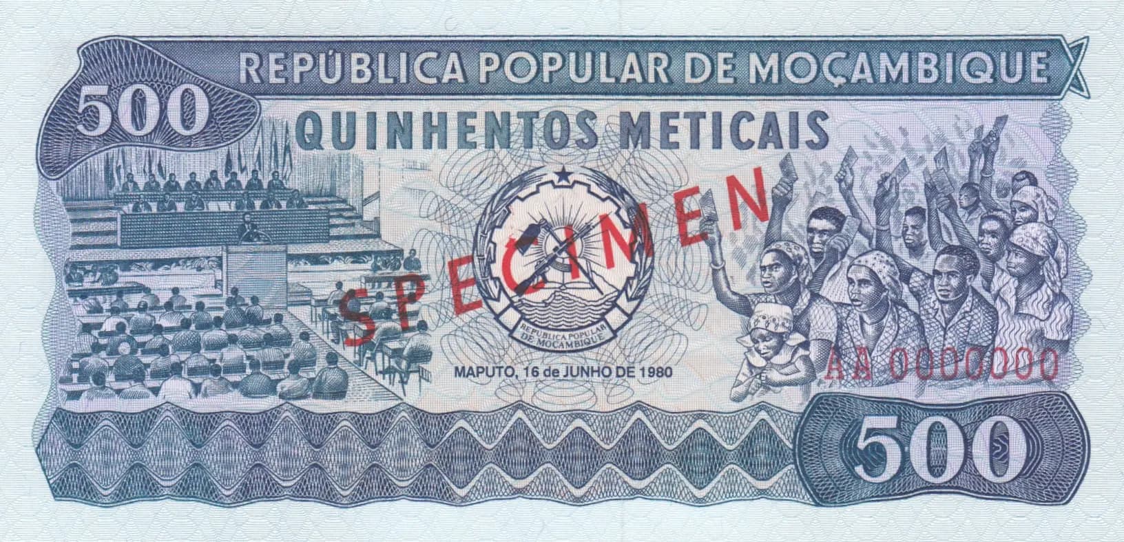 500 meticais 1980 specimen from Mozambique, P-127s (1980) — image 1