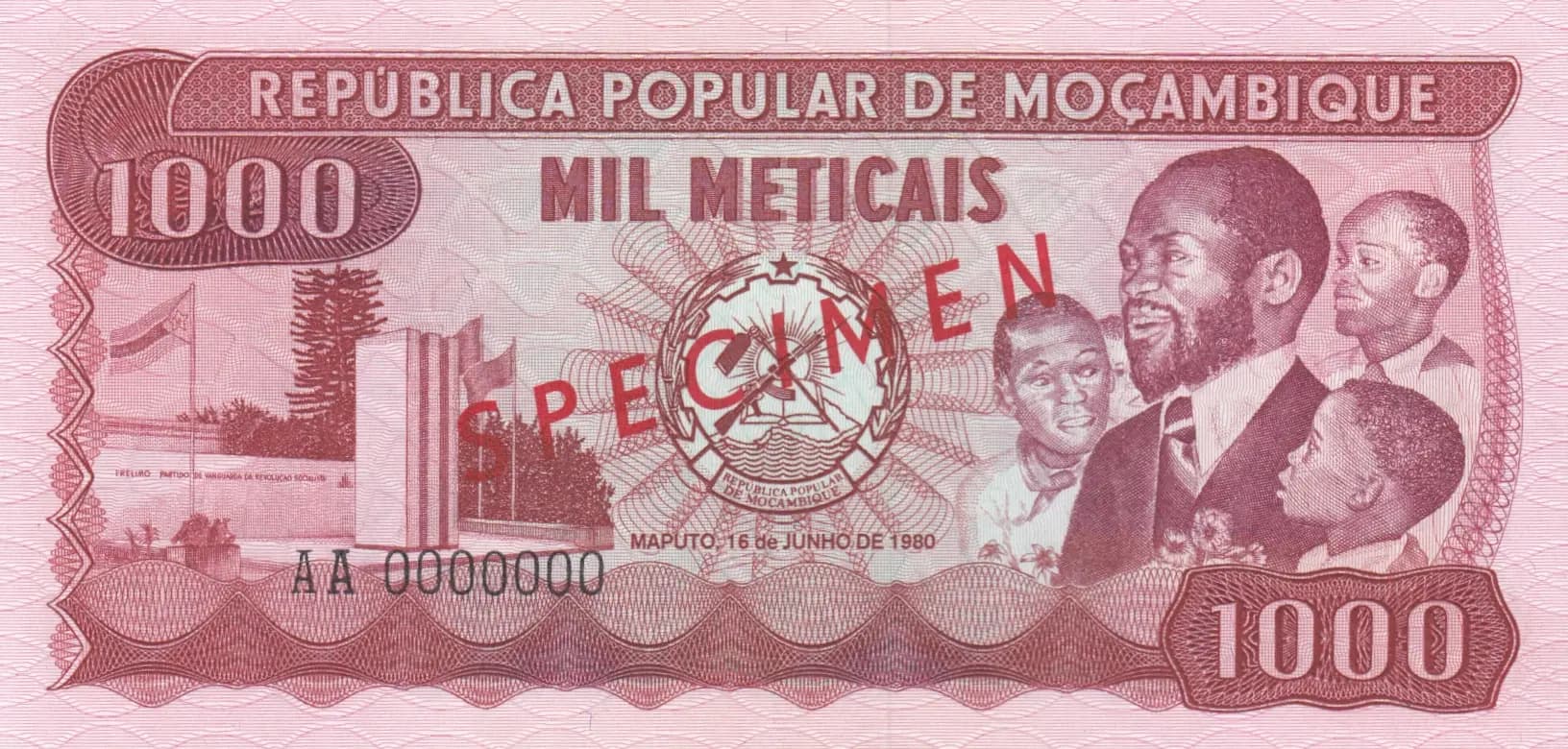 100 meticais 1980 specimen from Mozambique, P-128s (1980) — image 1