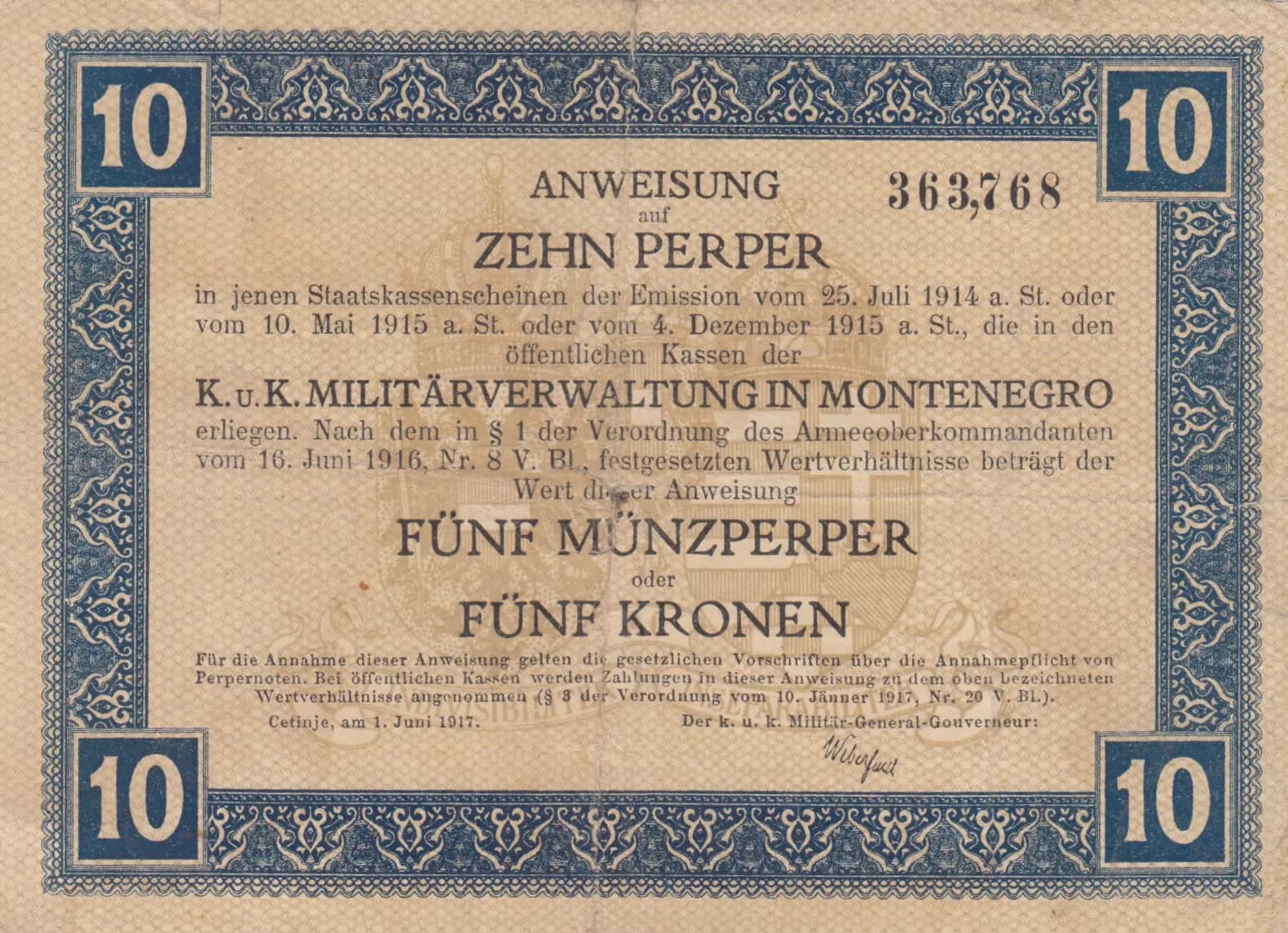 10 perper 1917 from Montenegro, P-M151 (1917) — image 1