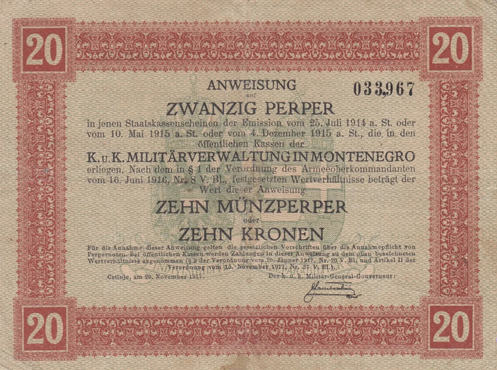 20 perper 1917 from Montenegro, P-M152 (1917) — image 1